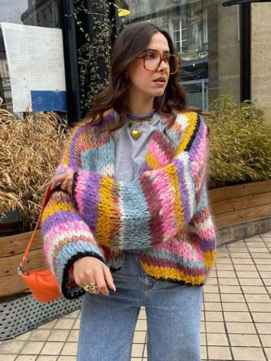 Striped long-sleeved rainbow plaid heavy handmade versatile cardigan sweater