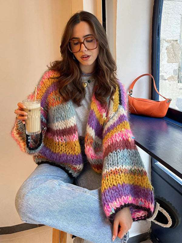 Striped long-sleeved rainbow plaid heavy handmade versatile cardigan sweater