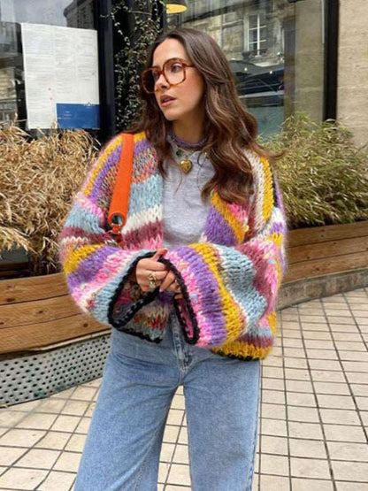 Striped long-sleeved rainbow plaid heavy handmade versatile cardigan sweater