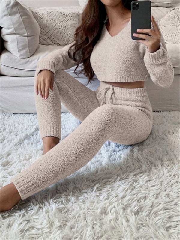 Women V-neck short knitted sweater women's drawstring lace-up trousers fashion suit