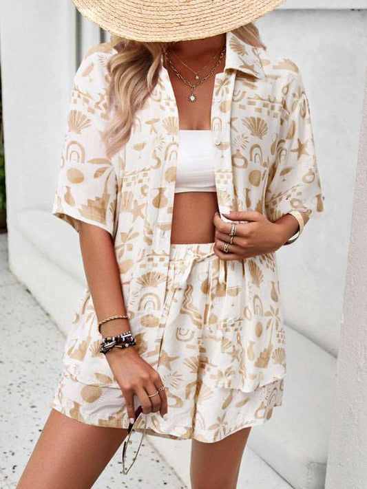 New women's casual fashion resort lapel short-sleeved shirt shorts suit