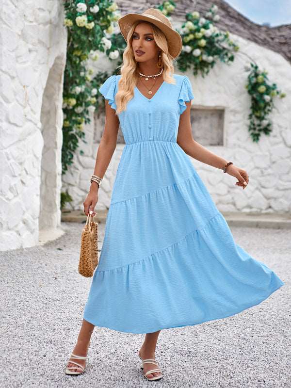 Women's V-neck ruffle sleeve layered dress