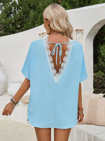 Loose round neck solid color lace back short sleeve top for women