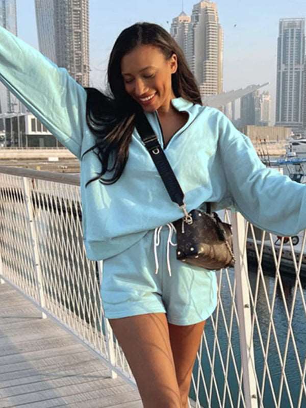 Women's New Solid Color Stand Collar Zipper Pullover Long Sleeve Sweatshirt Shorts Set