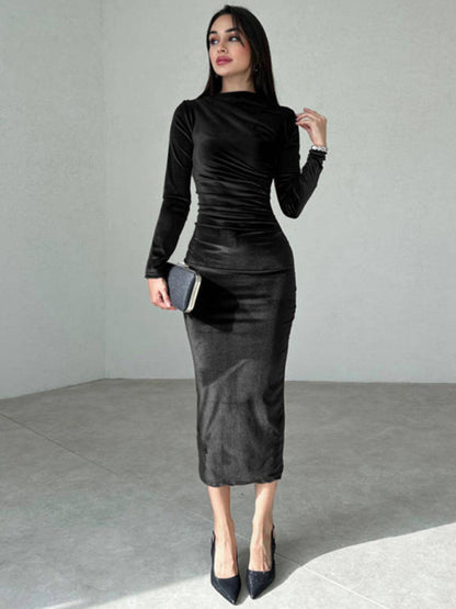 Women's Slim Fit Pleated Round Neck Long Sleeve Dress