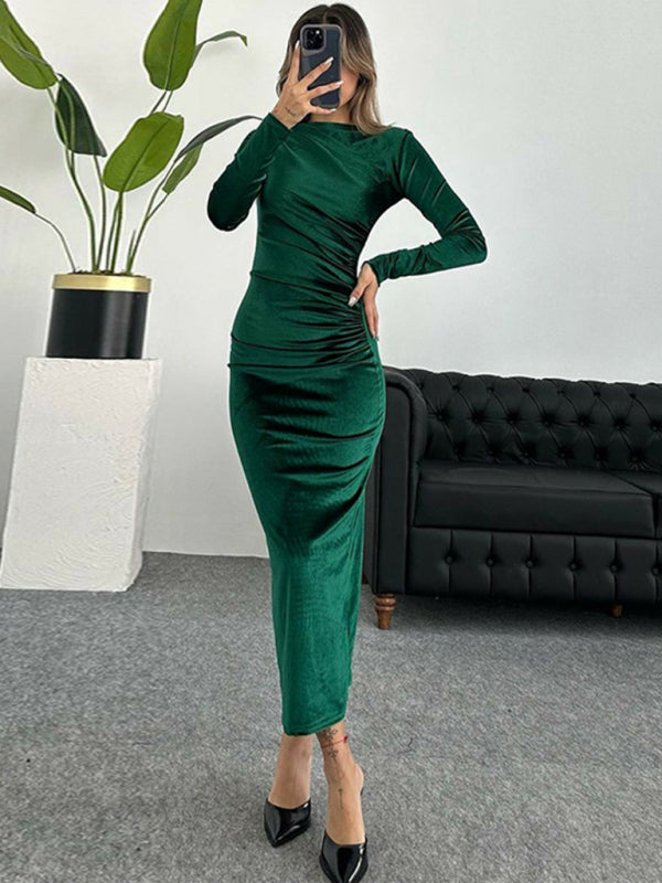 Women's Slim Fit Pleated Round Neck Long Sleeve Dress