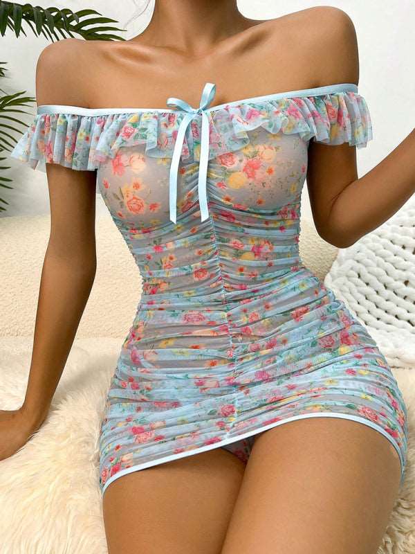 Women's see-through sexy floral pleated nightgown suit