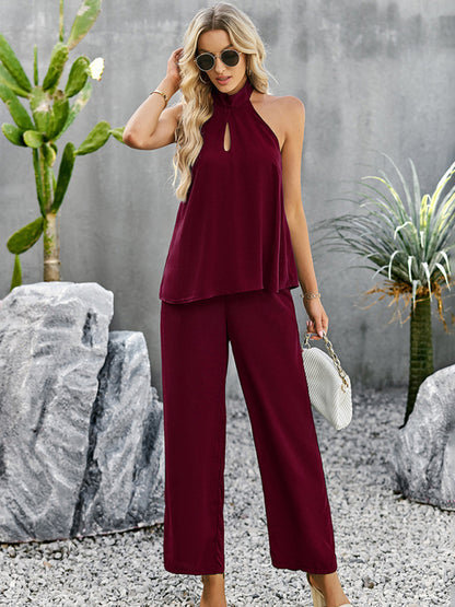 Women's elegant and fashionable halterneck sleeveless tops and straight pants sets