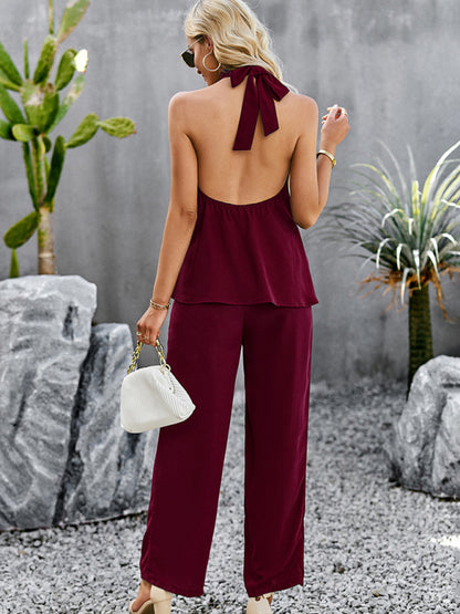 Women's elegant and fashionable halterneck sleeveless tops and straight pants sets