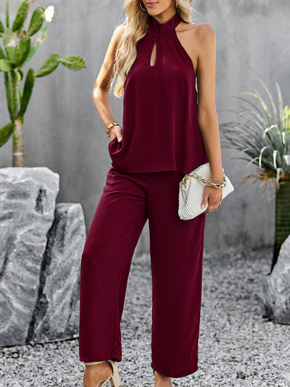 Women's elegant and fashionable halterneck sleeveless tops and straight pants sets