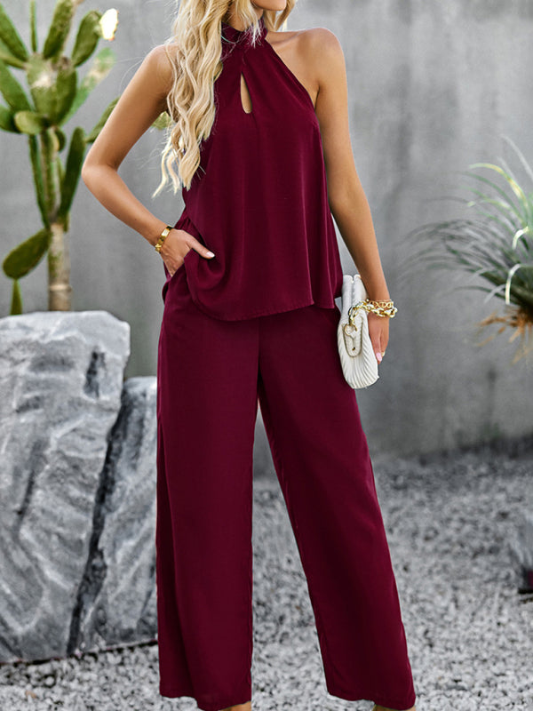 Women's elegant and fashionable halterneck sleeveless tops and straight pants sets