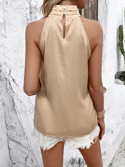 Women's style solid color sleeveless collar pleated top