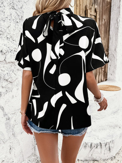 Women's stand collar casual loose printed short sleeve top