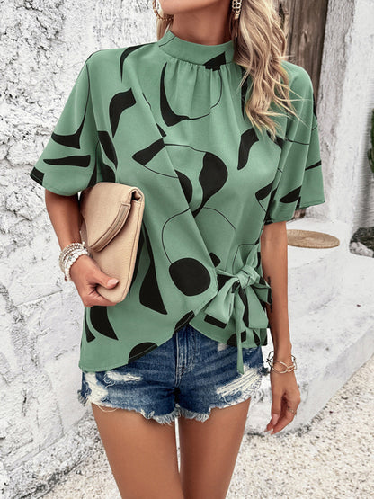 Women's stand collar casual loose printed short sleeve top