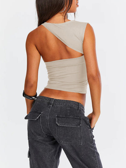 Women's irregular neckline top sexy backless slim tops