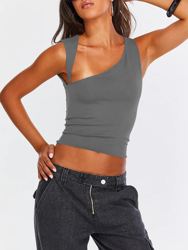 Women's irregular neckline top sexy backless slim tops