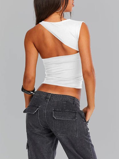 Women's irregular neckline top sexy backless slim tops