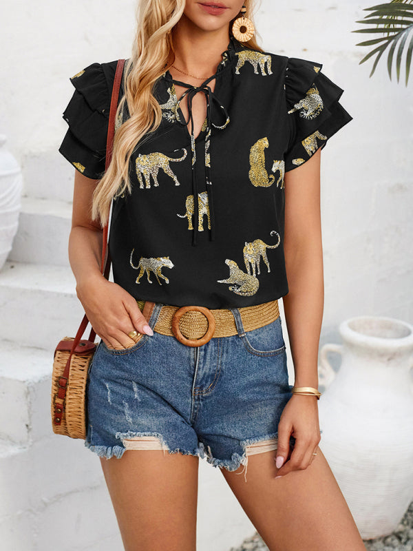 Women's casual summer V-neck printed ruffle sleeve top