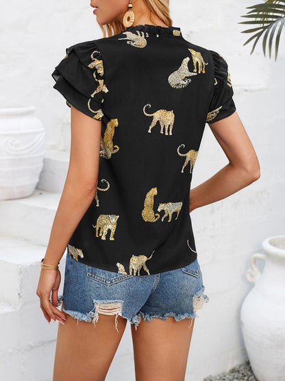 Women's casual summer V-neck printed ruffle sleeve top