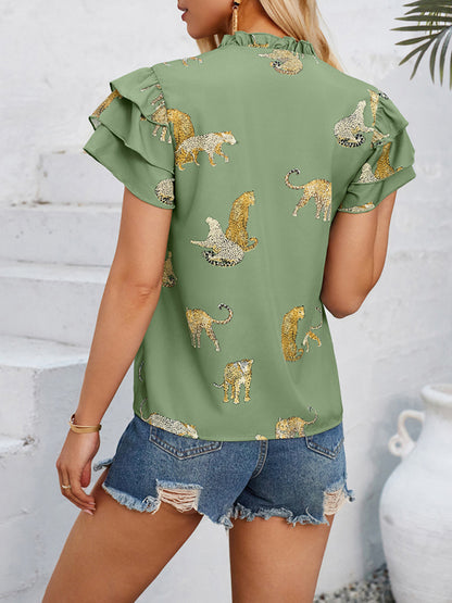 Women's casual summer V-neck printed ruffle sleeve top