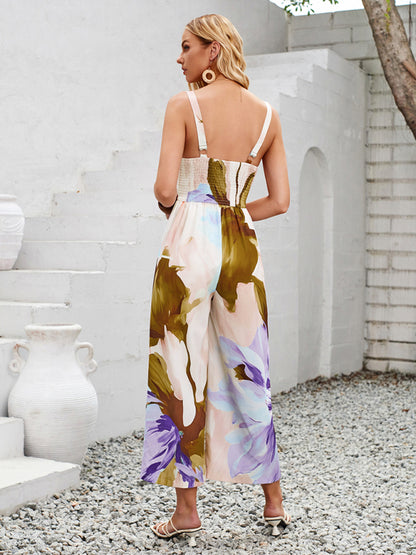 Women's printed shoulder strap hollow jumpsuit