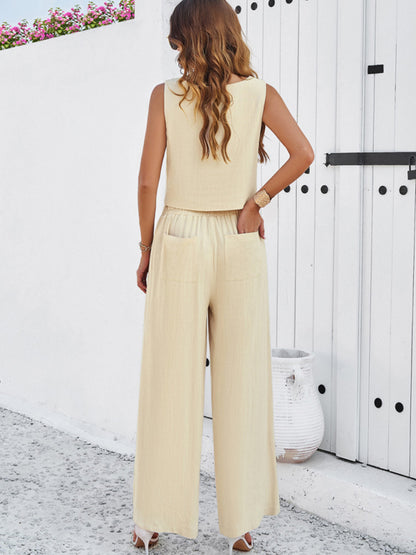 Women's casual sleeveless vest + trousers suit