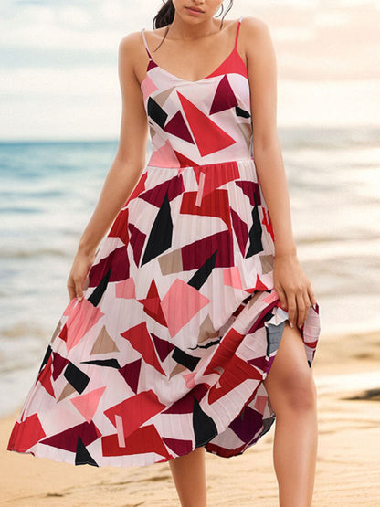 Women's Sling Holiday Geometric Print A-Line Midi Dress