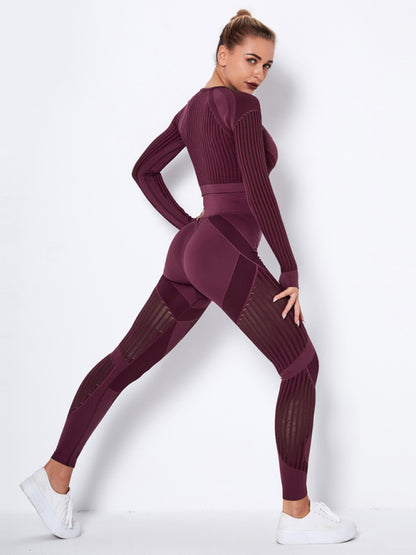 Women's Seamless tight striped long-sleeved pants quick-drying yoga wear sportswear set