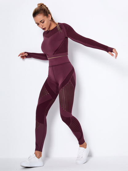 Women's Seamless tight striped long-sleeved pants quick-drying yoga wear sportswear set