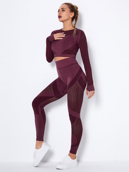 Women's Seamless tight striped long-sleeved pants quick-drying yoga wear sportswear set