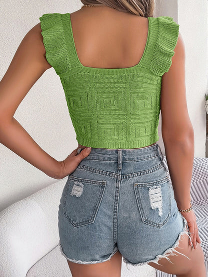 Women's solid color square neck sleeveless sweater crop top with fungus hem