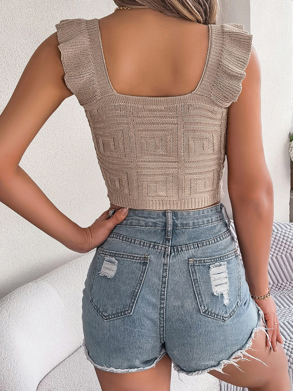 Women's solid color square neck sleeveless sweater crop top with fungus hem