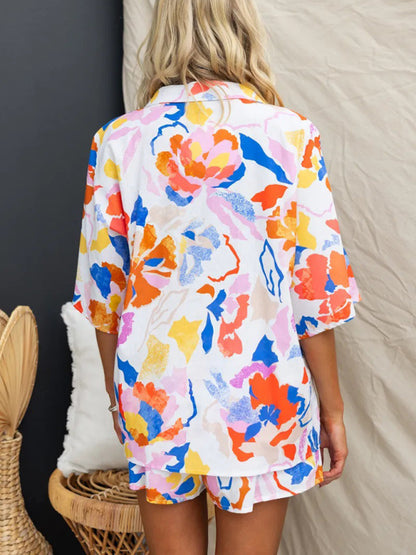 Women's Multi-Color Loose Vacation Elastic Waist Shorts Short Sleeve Suit