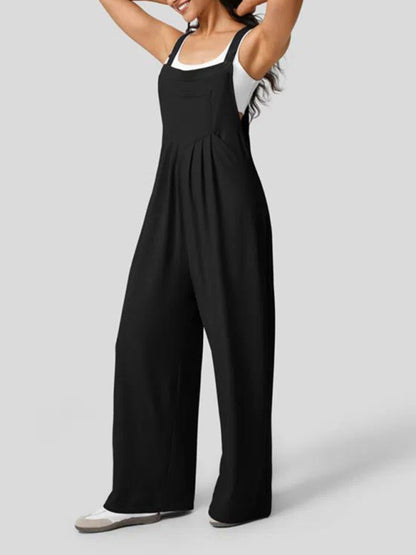 Women's loose solid color button pocket overalls