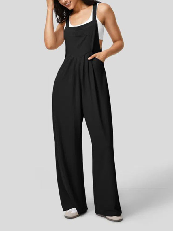 Women's loose solid color button pocket overalls