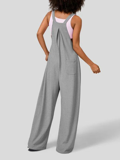 Women's loose solid color button pocket overalls