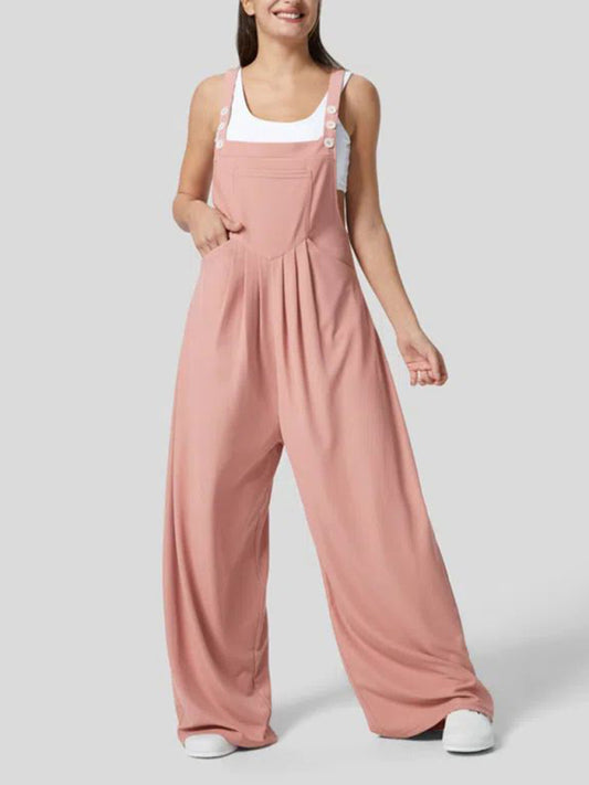 Women's loose solid color button pocket overalls