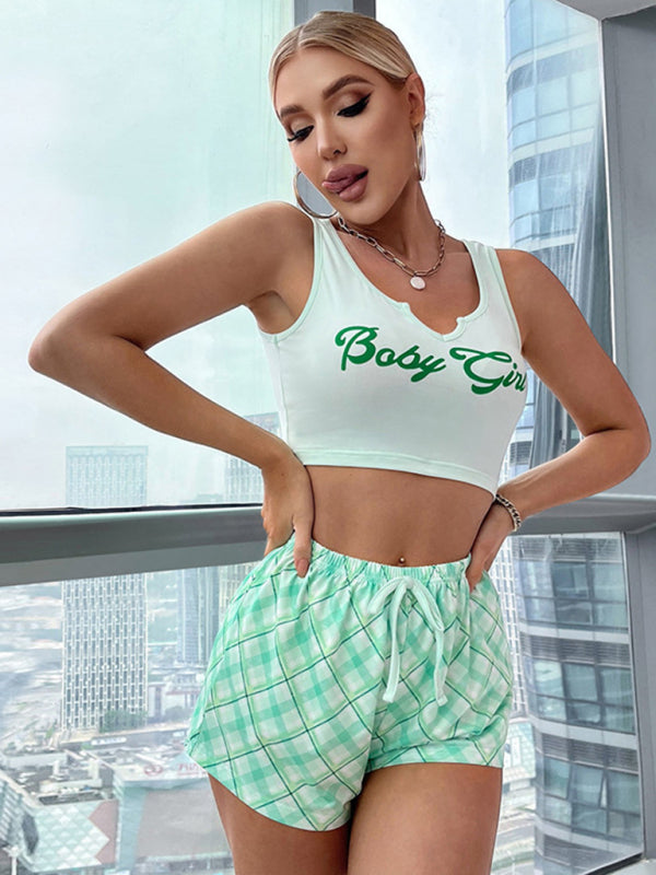 Women's sexy letter printed vest + plaid shorts home wear set