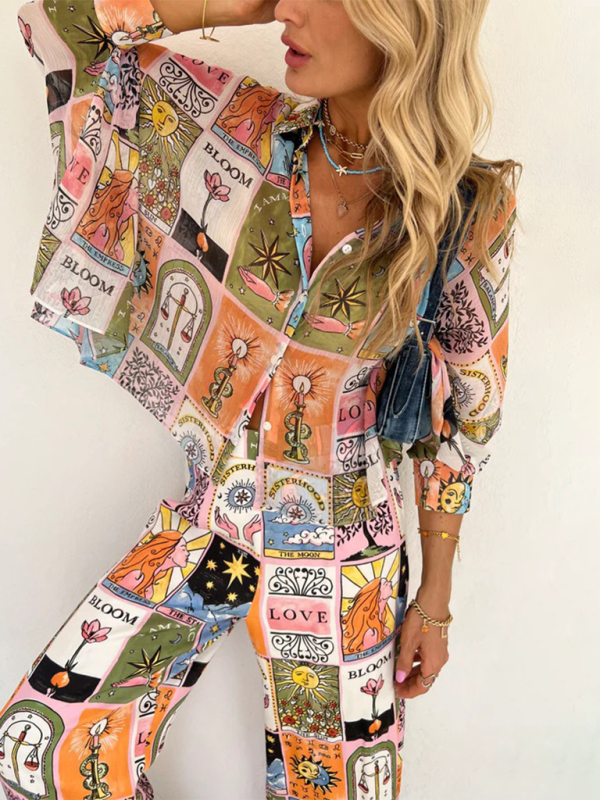 Women's bat sleeve printed loose suit casual home trousers two-piece set