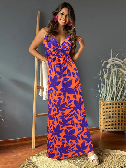 Women's style suspender v-neck printed elegant A-line long dress