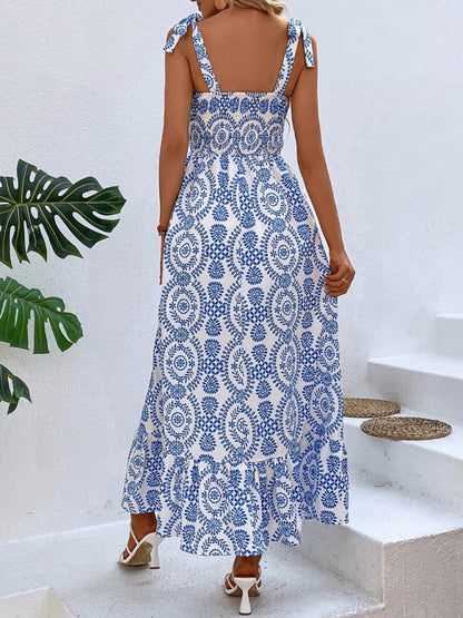 Women's fashionable strap printed sleeveless slit long dress