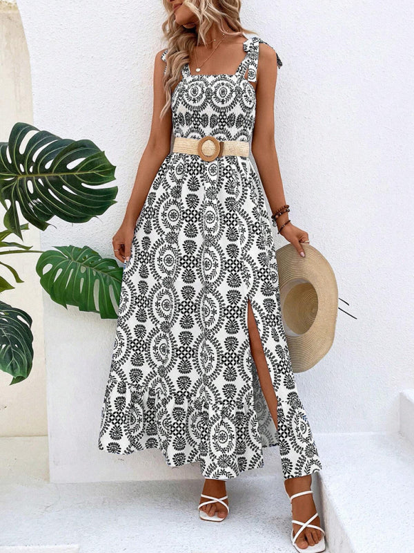 Women's fashionable strap printed sleeveless slit long dress