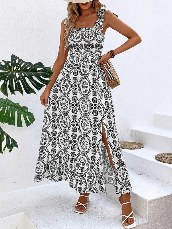 Women's fashionable strap printed sleeveless slit long dress