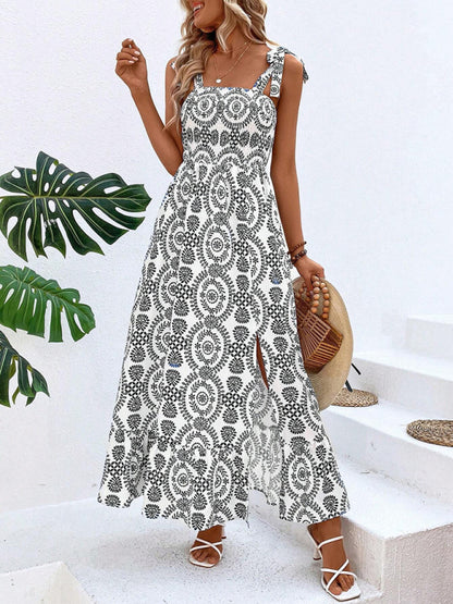 Women's fashionable strap printed sleeveless slit long dress