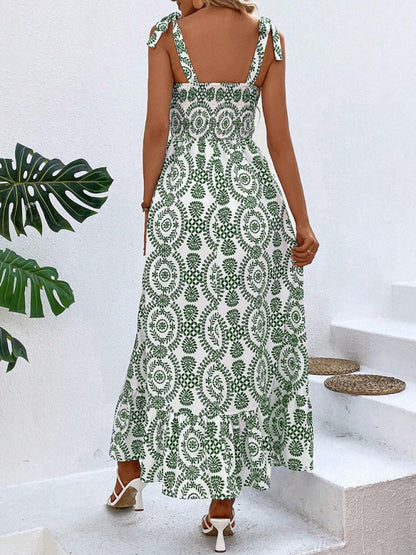 Women's fashionable strap printed sleeveless slit long dress