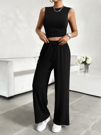 Women's casual round neck sleeveless top and trousers two-piece suit