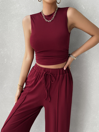 Women's casual round neck sleeveless top and trousers two-piece suit