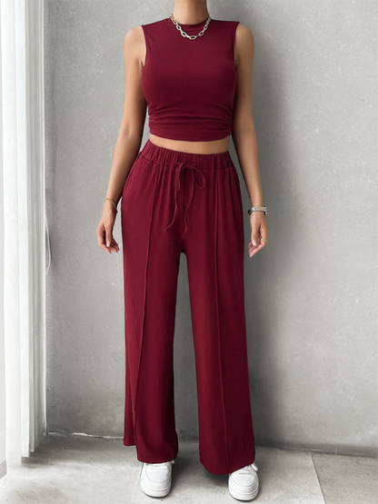 Women's casual round neck sleeveless top and trousers two-piece suit