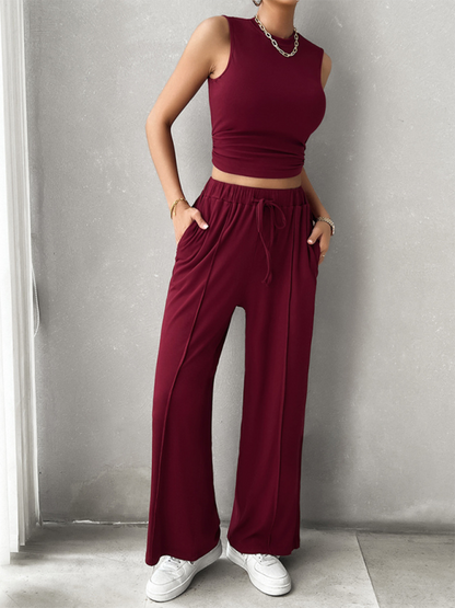 Women's casual round neck sleeveless top and trousers two-piece suit