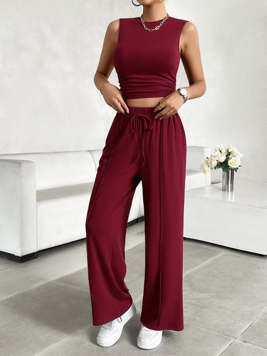 Women's casual round neck sleeveless top and trousers two-piece suit